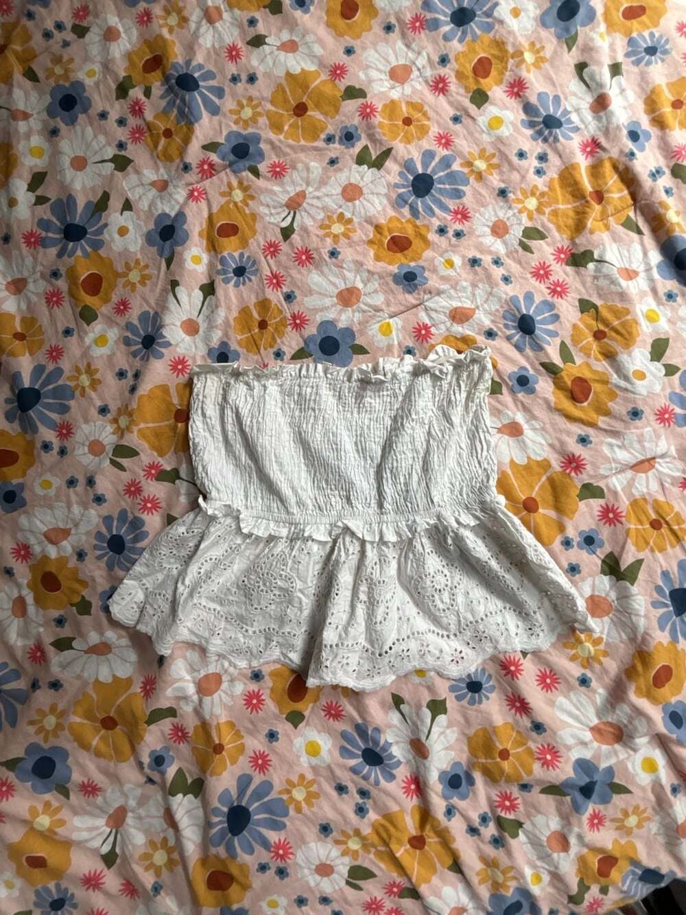 Sim & Sam Women's White Smocked Strapless Eyelet Ruffle Peplum Top